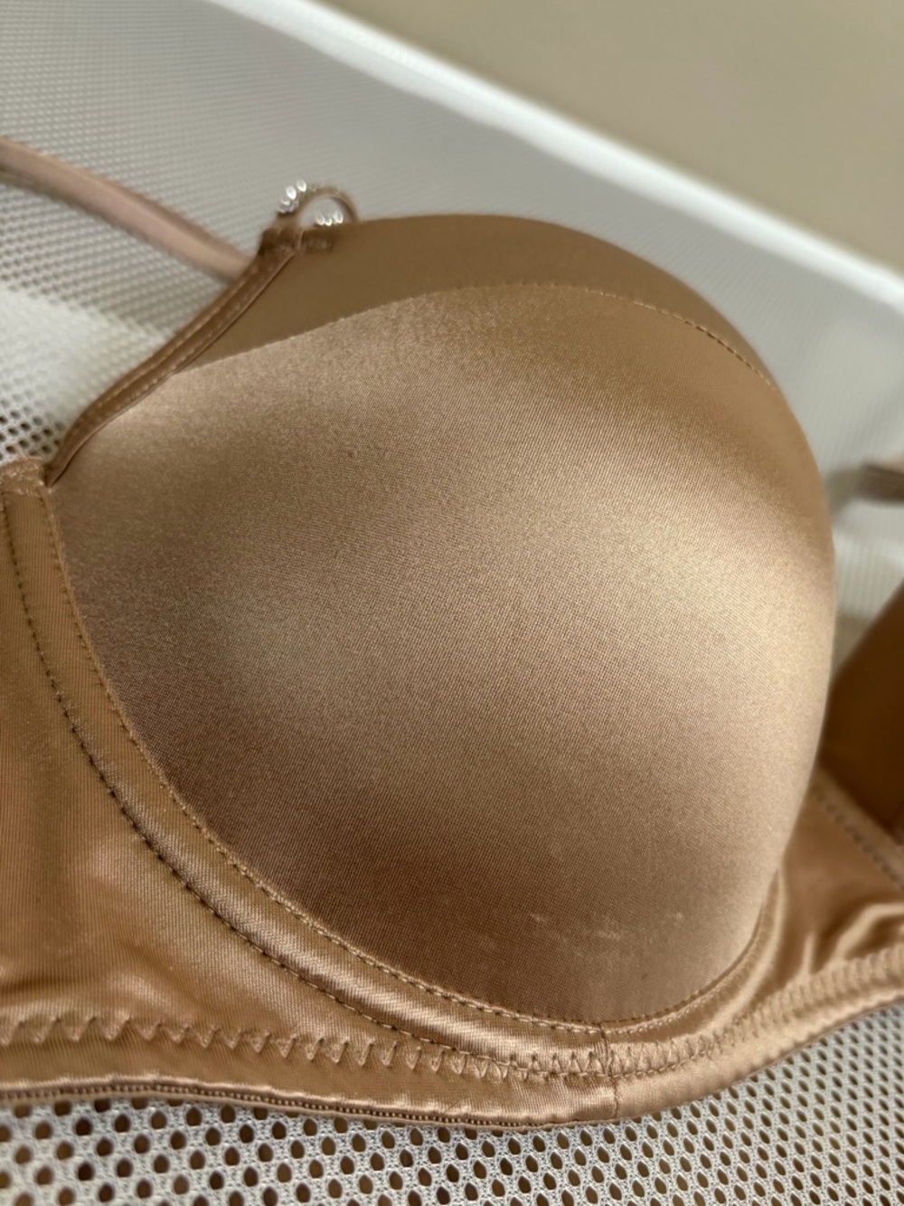 Nicole Miller New York Beige Satin Demi Bra 36C Rhinestone Sparkle Straps Tan NM - Picture 8 of 16